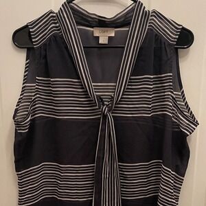 LOFT Navy Blue White Striped Sleeveless Tie Chiffon Top Blouse Womens M Nautical